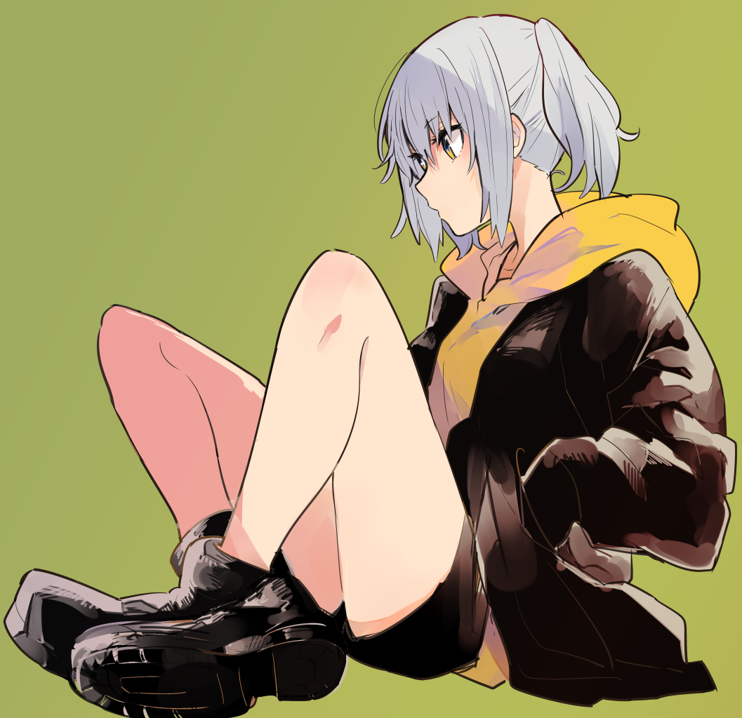 1girl ankle_boots black_coat black_footwear black_shorts boots closed_mouth from_side full_body green_background hand_in_pocket hood hoodie legs monsieur orange_hoodie original profile shoes short_hair shorts silver_hair simple_background sitting solo
