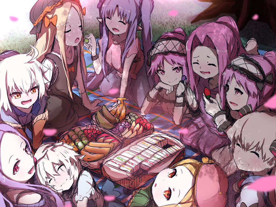 6+girls :d :o ^_^ abigail_williams_(fate/grand_order) ahoge banana bangs basket beret black_bow black_dress black_hat blanket blonde_hair blue_skirt bow brown_eyes caster_lily character_request cherry closed_eyes closed_mouth day dress euryale eyebrows_visible_through_hair fate/extra fate/stay_night fate_(series) feeding food fruit grin hair_between_eyes hair_bow hairband hat holding holding_food jack_the_ripper_(fate/apocrypha) jeanne_d'arc_(fate)_(all) jeanne_d'arc_alter_santa_lily lap_pillow long_hair long_sleeves lying multiple_girls nursery_rhyme_(fate/extra) on_side on_stomach open_mouth orange_bow outdoors parted_bangs parted_lips paul_bunyan_(fate/grand_order) petals picnic pink_hat pink_shirt purple_dress purple_hair sandwich shirt sidelocks silver_hair sitting sketch skirt sleeveless sleeveless_dress smile stheno strapless strapless_dress strawberry twintails very_long_hair violet_eyes wada_kazu white_dress white_hairband white_shirt wu_zetian_(fate/grand_order)