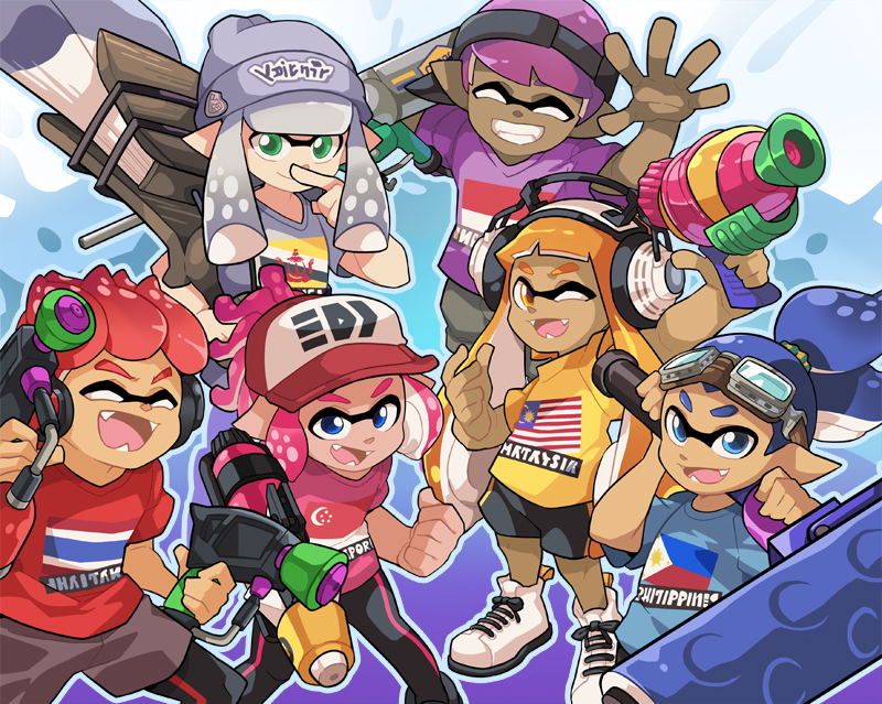 3boys 3girls bangs baseball_cap beanie black_pants black_shorts blue_eyes blue_hair blue_shirt blunt_bangs brunei_flag clenched_hand closed_eyes closed_mouth commentary commission cross-laced_footwear dark_skin domino_mask dual_wielding english english_commentary fangs flingza_roller_(splatoon) goggles goggles_on_head green_eyes grey_hair grey_hat grey_shirt grin hair_pulled_back hair_slicked_back hat headgear headphones holding holding_weapon indonesian_flag inkling inkling_(language) log long_hair looking_at_viewer malaysian_flag mask multiple_boys multiple_girls octobrush_(splatoon) one_eye_closed open_mouth orange_eyes orange_hair orange_shirt pants philippine_flag pink_hair pink_shirt pointy_ears purple_hair purple_shirt red_shirt redhead scrunchie sharp_teeth shirt shoes short_hair short_sleeves shorts singaporean_flag single_vertical_stripe smile splat_dualies_(splatoon) splat_roller_(splatoon) splatoon splatoon_2 splattershot_(splatoon) splattershot_pro_(splatoon) standing t-shirt teeth tentacle_hair thailand_flag topknot v-shaped_eyebrows weapon white_footwear wong_ying_chee