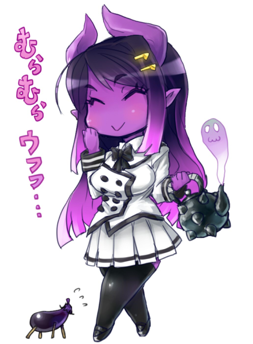 ^_^ black_legwear black_neckwear blush bow bowtie breasts closed_eyes closed_mouth collared_shirt eggplant flying_sweatdrops ghost gradient_hair hand_up holding horns jacket large_breasts long_hair multicolored_hair oni oni_horns original pleated_skirt pointy_ears purple_hair purple_skin shirt simple_background skirt skj smile standing teapot thigh-highs walking white_background white_jacket white_shirt white_skirt wing_collar