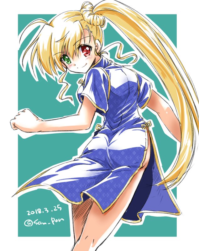 1girl alternate_hairstyle ass bangs blonde_hair blue_dress china_dress chinese_clothes closed_mouth cowboy_shot dated dress eyebrows_visible_through_hair from_behind green_background green_eyes hair_bun heterochromia long_hair looking_at_viewer looking_back lyrical_nanoha mahou_shoujo_lyrical_nanoha_vivid no_panties older outside_border red_eyes san-pon short_sleeves side_ponytail side_slit smile solo standing twitter_username very_long_hair vivio