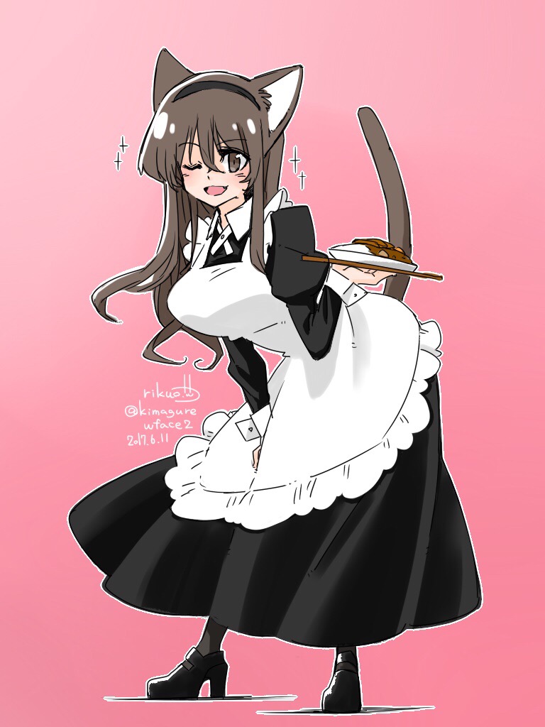 1girl ;d alternate_costume animal_ears apron ashigara_(kantai_collection) bangs bending_forward bent_over black_dress black_footwear black_hairband black_legwear blush breasts cat_ears cat_tail collared_dress crossed_bangs dress enmaided eyebrows eyebrows_visible_through_hair full_body gradient gradient_background hair_between_eyes hairband high_heels holding kantai_collection kemonomimi_mode large_breasts legs_apart long_hair long_sleeves maid maid_apron mary_janes one_eye_closed open_mouth outline pantyhose pink_background puffy_long_sleeves puffy_sleeves rikuo_(whace) shoes sleeve_cuffs smile solo sparkle standing tail white_apron white_outline