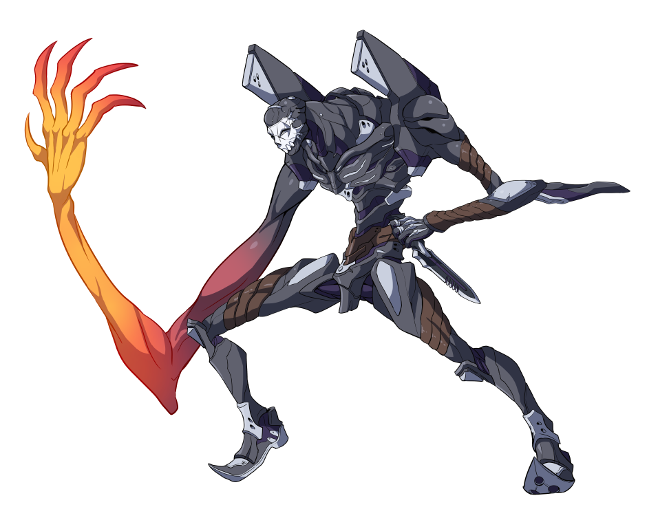crossover dagger eva_00 fate/stay_night fate_(series) fusion giant_hand holding holding_dagger holding_weapon legs_apart mask mecha neon_genesis_evangelion no_humans reverse_grip solo tomoyohi true_assassin weapon
