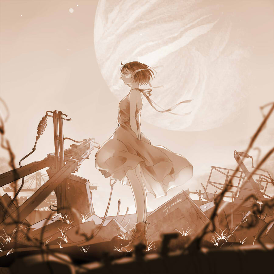 1girl ajimita ankle_boots arms_behind_back boots choker commentary_request dress from_side monochrome original planet ribbon_choker ruins sepia short_hair solo