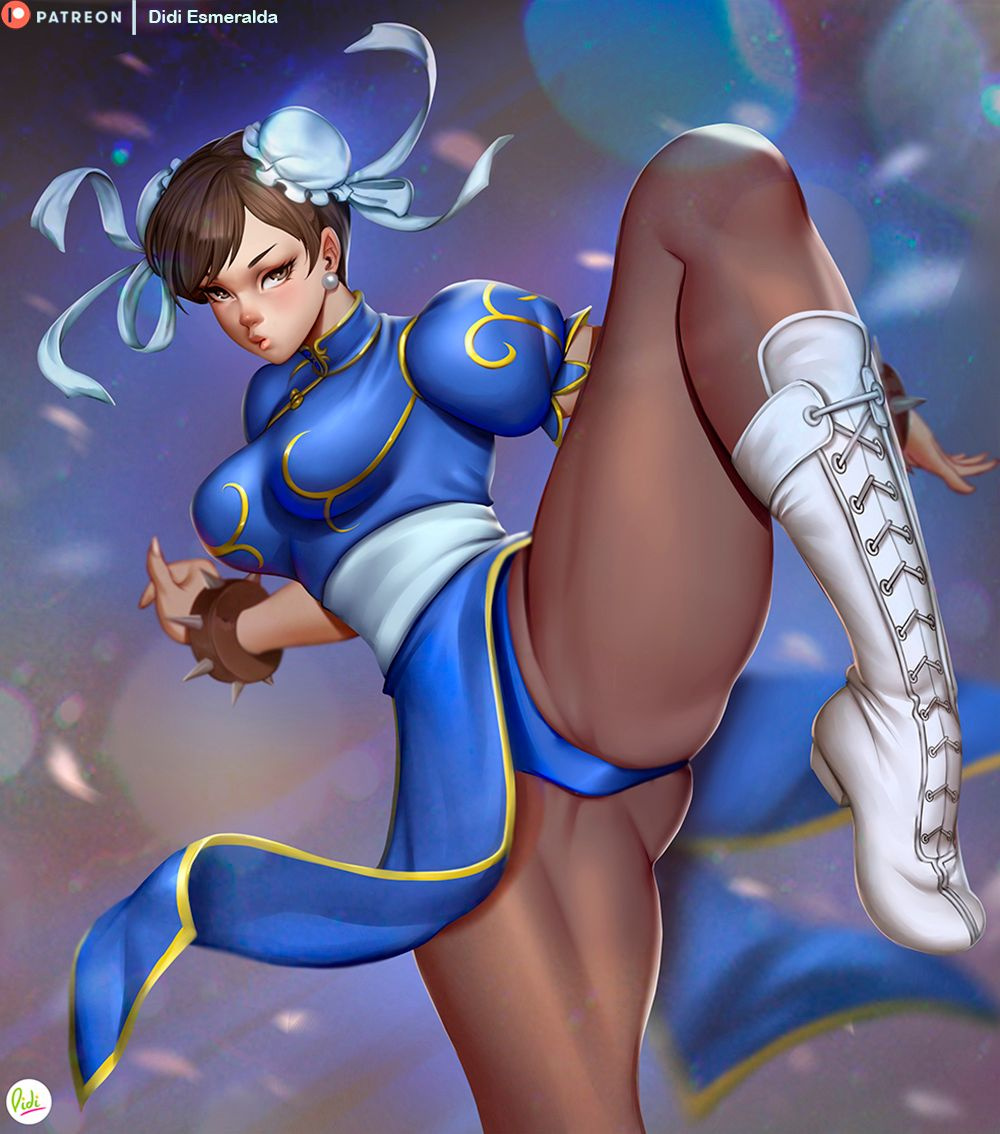 1girl boots bracelet brown_hair bun_cover chinese_clothes chun-li didi_esmeralda double_bun fighting_stance gluteal_fold jewelry leg_lift looking_at_viewer panties pantyhose pantyshot puffy_short_sleeves puffy_sleeves short_sleeves solo spiked_bracelet spikes street_fighter thick_thighs thighs toned underwear white_footwear
