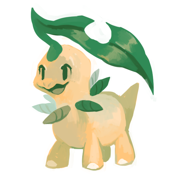 :d bayleef creature full_body gen_2_pokemon glitchedpuppet green_eyes no_humans nostrils open_mouth pokemon pokemon_(creature) simple_background smile solo standing white_background