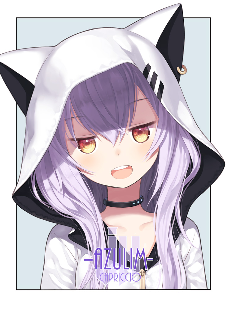 1girl :d animal_hood artist_name azuma_lim azuma_lim_channel capriccio character_name collar collarbone eyebrows_visible_through_hair hair_between_eyes head_tilt hood hoodie jitome lavender_hair long_hair looking_at_viewer multicolored multicolored_eyes open_mouth red_eyes smile solo yellow_eyes