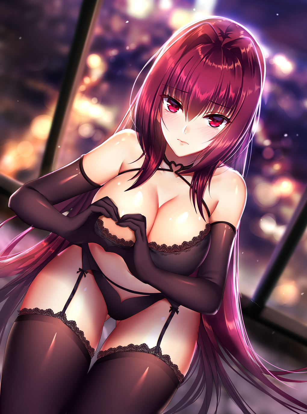 1girl bangs bare_shoulders black_bra black_gloves black_legwear black_panties blurry blurry_background blush bra breasts cleavage collarbone elbow_gloves eyebrows_visible_through_hair fate/grand_order fate_(series) garter_belt garter_straps gloves hair_between_eyes hair_intakes heart heart-shaped_boob_challenge heart_hands highres hips indoors lace lace-trimmed_bra lace-trimmed_thighhighs large_breasts long_hair looking_at_viewer mallizmora panties purple_hair red_eyes scathach_(fate/grand_order) shiny shiny_skin solo thigh-highs thighs underwear window