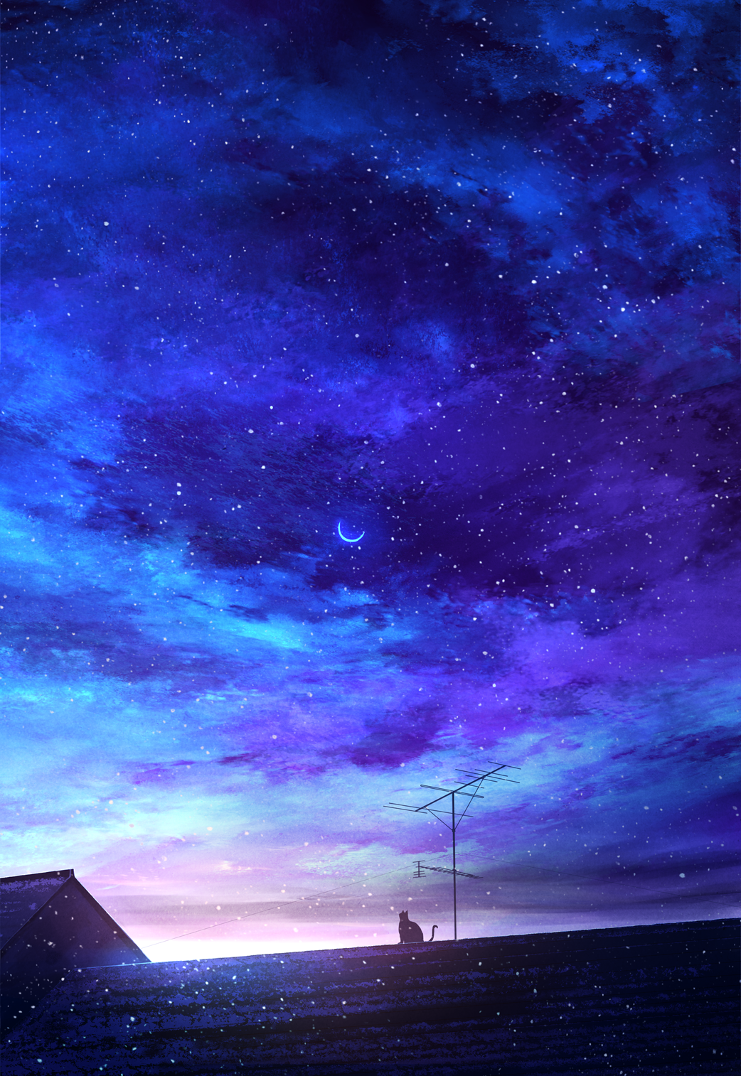 blue_sky cat clouds cloudy_sky commentary_request crescent_moon highres house mks moon no_humans on_roof original outdoors rooftop scenery sky snow star_(sky) starry_sky