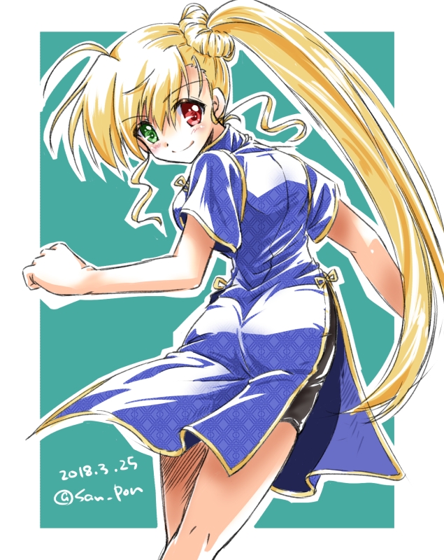 1girl alternate_hairstyle ass bangs black_shorts blonde_hair blue_dress china_dress chinese_clothes closed_mouth cowboy_shot dated dress eyebrows_visible_through_hair from_behind green_background green_eyes hair_bun heterochromia long_hair looking_at_viewer looking_back lyrical_nanoha mahou_shoujo_lyrical_nanoha_vivid older outside_border red_eyes san-pon short_sleeves shorts shorts_under_dress side_ponytail side_slit smile solo standing twitter_username very_long_hair vivio