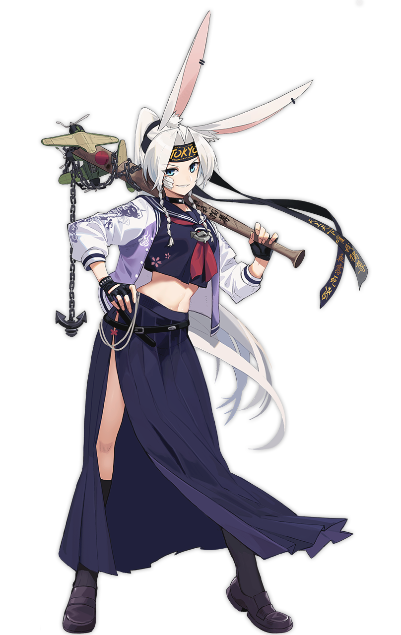 1girl aircraft airplane anchor animal_ears animal_print azur_lane baseball_bat belt belt_buckle black_belt black_choker black_gloves black_headband black_legwear blue_eyes blue_sailor_collar blue_shirt blue_skirt buckle chains choker clothes_writing eyebrows eyebrows_visible_through_hair fingerless_gloves fingernails fish_print full_body gloves grin hair_intakes hand_on_hip headband high_ponytail highres hiryuu_(azur_lane) holding kneehighs legs_apart loafers long_hair long_skirt loose_belt navel neckerchief official_art open_clothes over_shoulder pleated_skirt purple_footwear rabbit_ears red_neckwear sailor_collar school_uniform serafuku shirt shoes side_slit simple_background skirt smile solo standing stomach sukeban tachi-e transparent_background very_long_hair white_hair xiao_yeyouxi