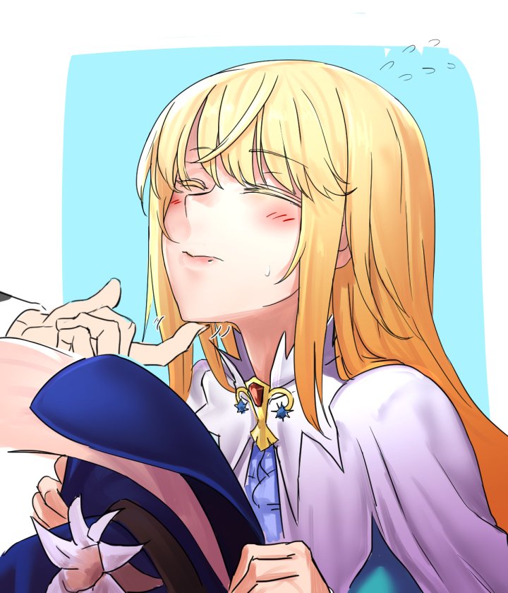 1girl blonde_hair blue_background blue_hat blush closed_eyes closed_mouth commentary_request copyright_request eyebrows_visible_through_hair flying_sweatdrops hat headwear_removed holding holding_hat i-pan long_hair scratching_chin solo_focus sweatdrop upper_body