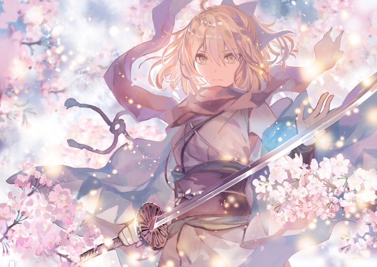 1girl alternate_eye_color arm_guards black_bow black_scarf blonde_hair bow cherry_blossoms fate/grand_order fate_(series) floating_hair flower hair_between_eyes hair_bow holding holding_sword holding_weapon japanese_clothes kimono long_sleeves looking_at_viewer obi okita_souji_(fate) outdoors rioka_(southern_blue_sky) sash scarf short_hair solo sparkle sword tree upper_body weapon wide_sleeves yellow_eyes