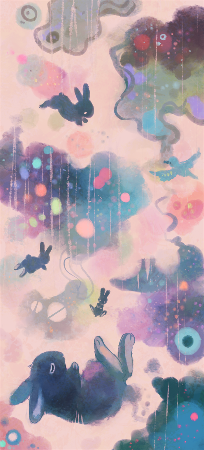 abstract animal bird closed_eyes colorful commentary_request falling flying highres manino_(mofuritaionaka) no_humans original psychedelic rabbit