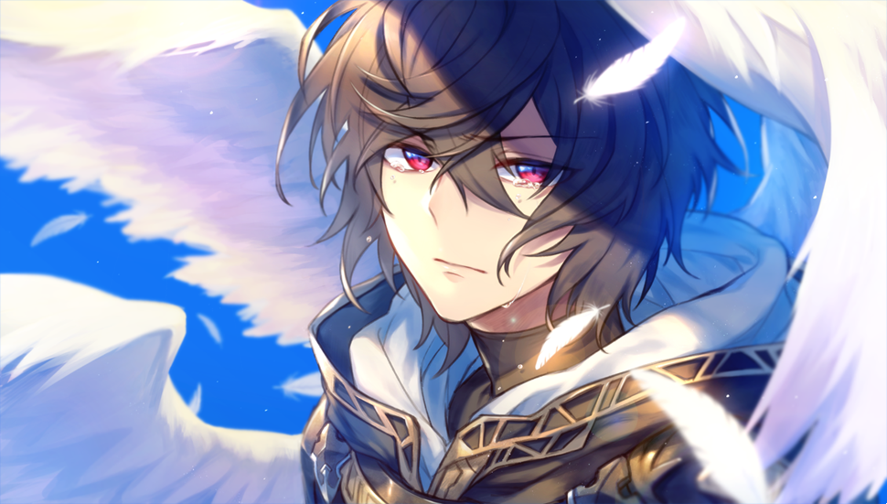 1boy brown_hair feathers granblue_fantasy hanayuhan_v hood hood_down looking_at_viewer male_focus multiple_wings red_eyes sandalphon_(granblue_fantasy) seraph short_hair tears wings