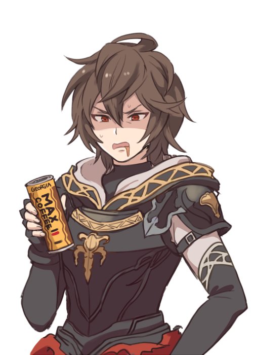 armor botamochi_(exwelder) brown_hair can coffee disgust fingerless_gloves georgia_max_coffee gloves granblue_fantasy hood hood_down male_focus open_mouth red_eyes sandalphon_(granblue_fantasy) short_hair solo