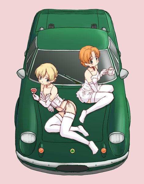 2girls blue_eyes braid bustier car choker closed_mouth commentary_request cup darjeeling dress elbow_gloves eyebrows_visible_through_hair garter_straps girls_und_panzer gloves ground_vehicle holding lace lace-trimmed_thighhighs lingerie looking_at_viewer lying motor_vehicle multiple_girls on_side on_vehicle orange_hair orange_pekoe panties pink_background red_choker short_dress short_hair side-tie_panties simple_background sitting smile spaghetti_strap tea teacup teapot thigh-highs tied_hair twin_braids underwear underwear_only uona_telepin vehicle_request wariza white_dress white_gloves white_legwear white_panties