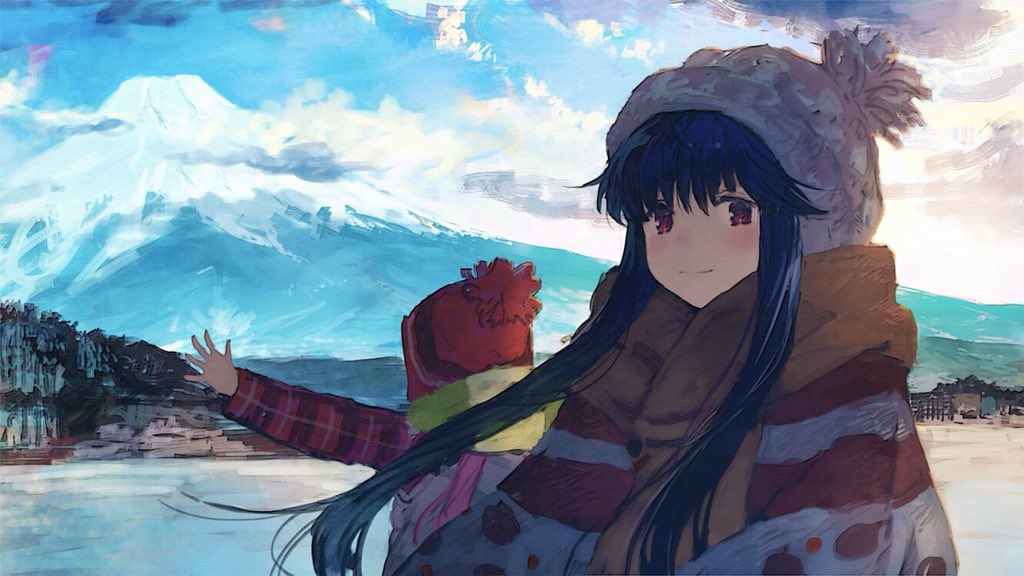 2girls bangs beanie benitama blue_hair blush brown_scarf day green_scarf hair_down hat horizon kagamihara_nadeshiko long_hair long_sleeves looking_at_viewer mount_fuji mountain multiple_girls outdoors outstretched_arm pink_hair plaid plaid_shirt pom_pom_(clothes) scarf shima_rin shirt sidelocks sky smile upper_body vest violet_eyes winter winter_clothes yurucamp