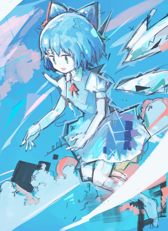 1girl bangs bare_legs barefoot bent_knees blue_bow blue_dress blue_eyes blue_hair bow cirno dress fairy_wings hair_bow hito_(nito563) ice ice_wings no_nose no_symbol open_mouth pale_skin puffy_short_sleeves puffy_sleeves red_ribbon ribbon short_hair short_sleeves smile solo touhou wings