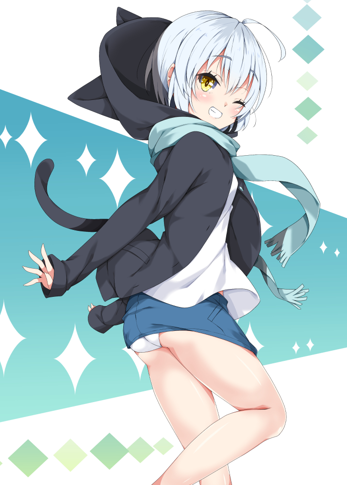 1girl ;d ahoge animal_ears ass bangs black_hoodie blue_scarf blue_skirt blush cat_ears cat_tail commentary_request eyebrows_visible_through_hair female fringe grin hair_between_eyes hood hood_down hoodie long_sleeves milkpanda miniskirt one_eye_closed open_clothes open_hoodie open_mouth original panties scarf shirt silver_hair skirt sleeves_past_wrists smile solo standing standing_on_one_leg tail underwear white_panties white_shirt yellow_eyes