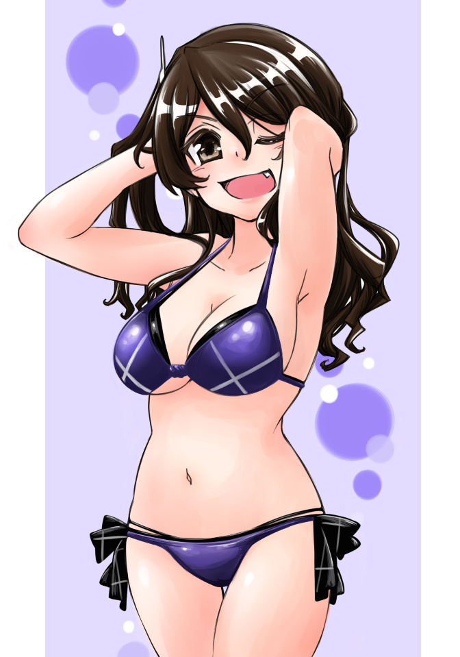 1girl ;d adapted_costume arms_behind_head arms_up ashigara_(kantai_collection) bangs bare_arms bare_shoulders bikini blush breasts brown_eyes brown_hair cleavage collarbone cowboy_shot eyebrows eyebrows_visible_through_hair fang hair_between_eyes hair_lift hairband hands_in_hair kantai_collection legs_together long_hair looking_at_viewer medium_breasts one_eye_closed open_mouth purple_bikini rikuo_(whace) side-tie_bikini smile solo standing swimsuit thigh_gap under_boob white_hairband