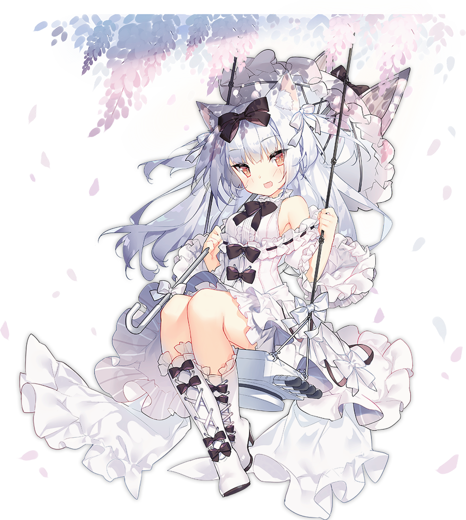 1girl :d animal_ears azur_lane bangs bare_shoulders black_bow blush boots bow breasts cat_ears cross-laced_footwear dress eyebrows eyebrows_visible_through_hair eyelashes eyes_visible_through_hair fang frilled_dress frills full_body hair_between_eyes high_heel_boots high_heels holding holding_umbrella lace-up_boots long_hair off-shoulder_dress off_shoulder official_art open_mouth orange_eyes parasol petals saru silver_hair simple_background sitting small_breasts smile solo straight_hair swing tachi-e torpedo torpedo_tubes transparent_background two_side_up umbrella white_bow white_dress white_footwear yellow_pupils yukikaze_(azur_lane)