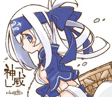 1girl bangs blue_eyes blue_headband blush breasts chains character_name from_side hair_between_eyes headband kamoi_(kantai_collection) kantai_collection long_hair lowres medium_breasts no_bra rikuo_(whace) short_sleeves sideboob signature simple_background solo upper_body white_background white_hair