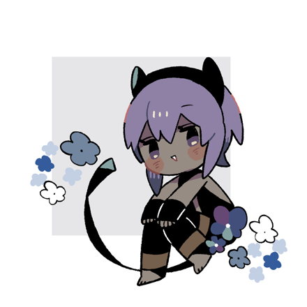 1girl :&gt; bangs bare_shoulders black_bodysuit black_gloves blue_flower blush_stickers bodysuit chibi dark_skin fate/prototype fate/prototype:_fragments_of_blue_and_silver fate_(series) fingerless_gloves flower futong_jun gloves hair_between_eyes hands_on_own_knees hassan_of_serenity_(fate) looking_at_viewer lowres no_shoes parted_lips purple_hair sitting solo triangle_mouth violet_eyes white_flower