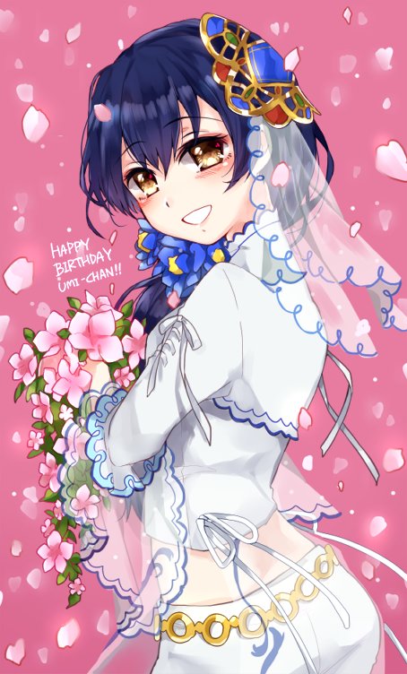 1girl bangs birthday blue_hair blush commentary_request dated eyebrows_visible_through_hair flower from_behind hair_between_eyes hair_ornament happy_birthday long_hair looking_at_viewer looking_back love_live! love_live!_school_idol_project petals purin_(purin0) smile solo sonoda_umi vietnamese_dress