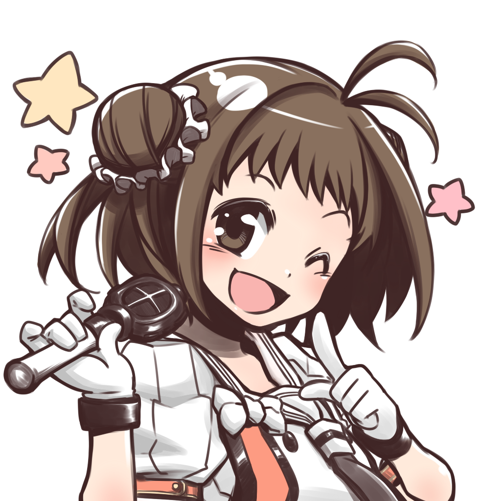 1girl ;d bangs black_neckwear blush bow brown_eyes brown_hair buttons double_bun eyebrows eyebrows_visible_through_hair finger_to_face gloves holding holding_microphone index_finger_raised kantai_collection microphone naka_(kantai_collection) neckerchief one_eye_closed open_mouth puffy_short_sleeves puffy_sleeves raised_eyebrows remodel_(kantai_collection) rikuo_(whace) sailor_collar school_uniform scrunchie serafuku short_hair short_sleeves simple_background smile solo star tongue upper_body white_background white_bow white_gloves white_sailor_collar white_scrunchie