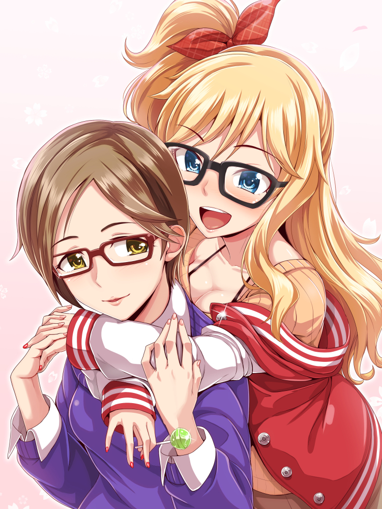 2girls aikawa_chinatsu bespectacled blonde_hair blue_eyes blush breasts brown_hair candy cleavage dan_(orange_train) eyebrows_visible_through_hair food glasses hug hug_from_behind idolmaster idolmaster_cinderella_girls jacket lollipop long_hair multiple_girls ootsuki_yui open_mouth red-framed_eyewear short_hair side_ponytail smile sweater wavy_hair