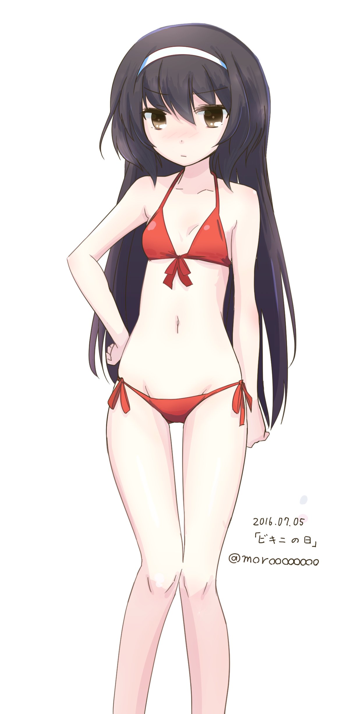 1girl absurdres bangs bikini bikini_day black_hair breasts brown_eyes closed_mouth commentary_request dated eyebrows_visible_through_hair front-tie_bikini front-tie_top girls_und_panzer hairband hand_on_hip highres light_frown long_hair looking_at_viewer moro_(like_the_gale!) navel red_bikini reizei_mako side-tie_bikini small_breasts solo standing swimsuit thigh_gap translation_request twitter_username white_background white_hairband