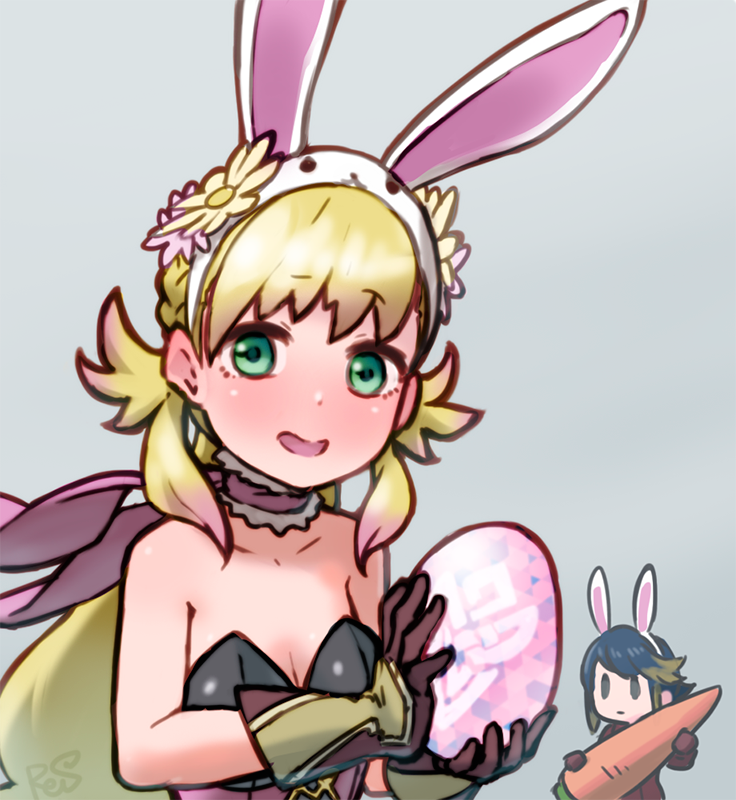 1girl alfonse_(fire_emblem) animal_ears blonde_hair blue_hair blush braid breasts bunny_girl bunny_tail bunnysuit fake_animal_ears fire_emblem fire_emblem_heroes gloves green_eyes long_hair looking_at_viewer multicolored_hair open_mouth rabbit_ears reiesu_(reis) sharena short_hair simple_background smile solo tail