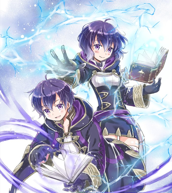 1boy 1girl blue_eyes blue_hair book cloak fire_emblem fire_emblem:_kakusei fire_emblem_heroes gloves holding holding_book lightning looking_at_viewer magic mark_(fire_emblem) siblings smile twins