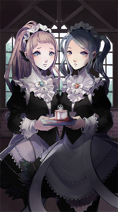 2girls apron blue_eyes blue_hair cake felicia_(fire_emblem_if) fire_emblem fire_emblem_if flora_(fire_emblem_if) food gloves holding looking_at_viewer maid maid_apron maid_headdress multiple_girls pink_hair ponytail twintails
