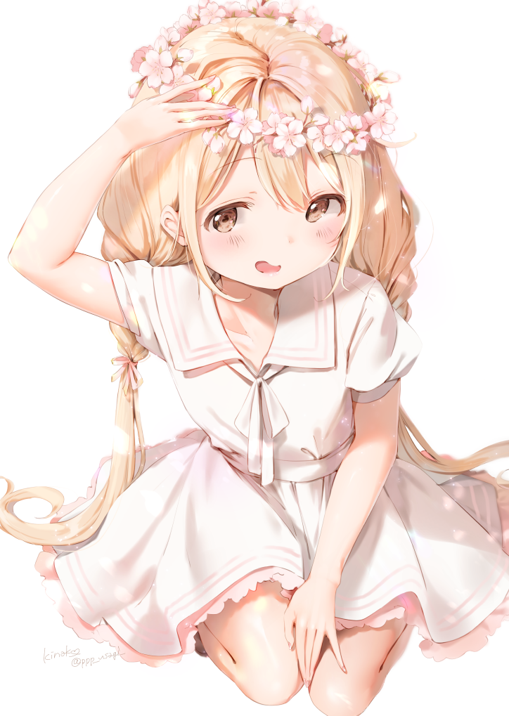 1girl :d arm_up blonde_hair blurry brown_eyes cherry_blossoms dress flower_wreath full_body futaba_anzu hair_ribbon hand_on_headwear hand_on_lap head_wreath idolmaster idolmaster_cinderella_girls kira!_mankai_smile long_hair looking_at_viewer low_twintails open_mouth ribbon sailor_collar sailor_dress sash school_uniform seiza shiratama_akane signature simple_background sitting smile solo twintails twitter_username very_long_hair white_background white_dress white_sailor_collar