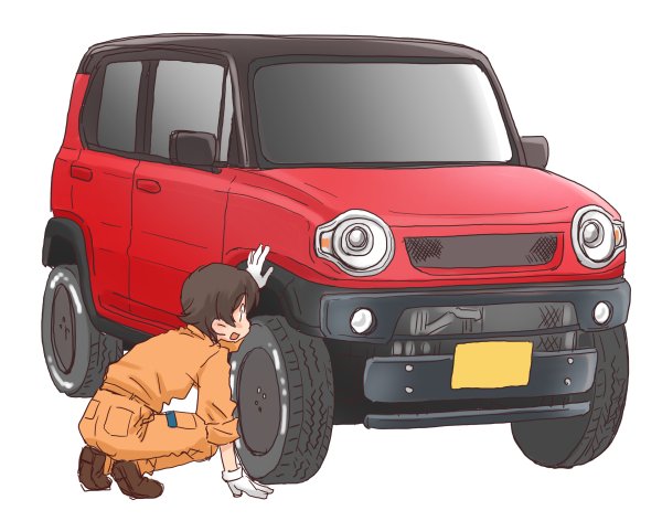 1girl arm_support bangs brown_footwear brown_hair car commentary_request girls_und_panzer gloves ground_vehicle jumpsuit long_sleeves mechanic motor_vehicle nakajima_(girls_und_panzer) open_mouth orange_jumpsuit shoes short_hair simple_background smile solo squatting uona_telepin vehicle_request white_background white_gloves