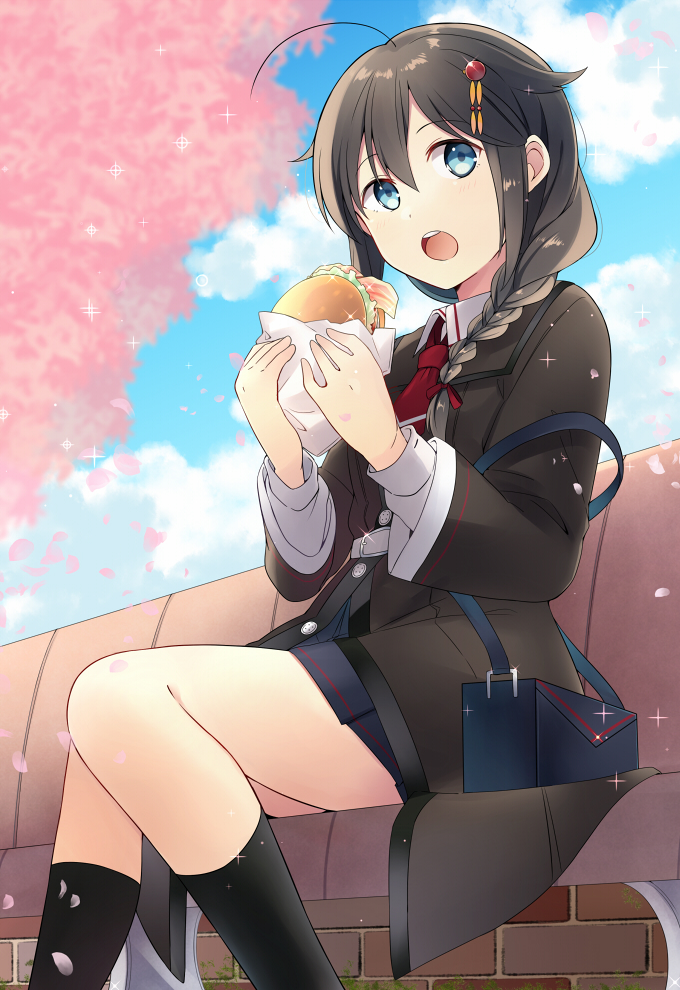 1girl :o ahoge alternate_costume bacon bag bangs belt belt_buckle bench black_hair black_legwear black_skirt blue_eyes blue_sky blush braid brown_jacket buckle buttons cherry_blossoms clouds day eyebrows_visible_through_hair feet_out_of_frame flat_chest food glint hair_flaps hair_ornament hair_over_shoulder hairpin hamburger holding holding_food jacket kantai_collection kneehighs long_hair long_sleeves neckerchief open_mouth outdoors petals pleated_skirt red_neckwear remodel_(kantai_collection) round_teeth salad shigure_(kantai_collection) shoulder_bag single_braid skirt sky solo sparkle tareme teeth two-handed wing_collar wrapper yukichi_(eikichi)