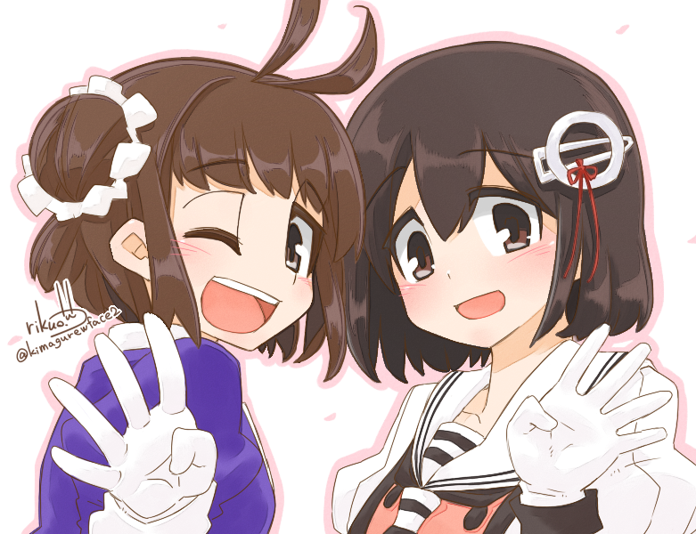 2girls :d ;d bangs black_hair black_neckwear blush brown_eyes brown_hair cosplay costume_switch eyebrows eyebrows_visible_through_hair gloves haguro_(kantai_collection) haguro_(kantai_collection)_(cosplay) hair_between_eyes hair_bun hair_ornament kantai_collection looking_at_viewer multiple_girls naka_(kantai_collection) naka_(kantai_collection)_(cosplay) neckerchief one_eye_closed open_mouth outline pink_outline red_ribbon remodel_(kantai_collection) ribbon rikuo_(whace) sailor_collar school_uniform scrunchie serafuku short_hair signature simple_background smile tareme teeth twitter_username upper_body white_background white_gloves white_sailor_collar white_scrunchie