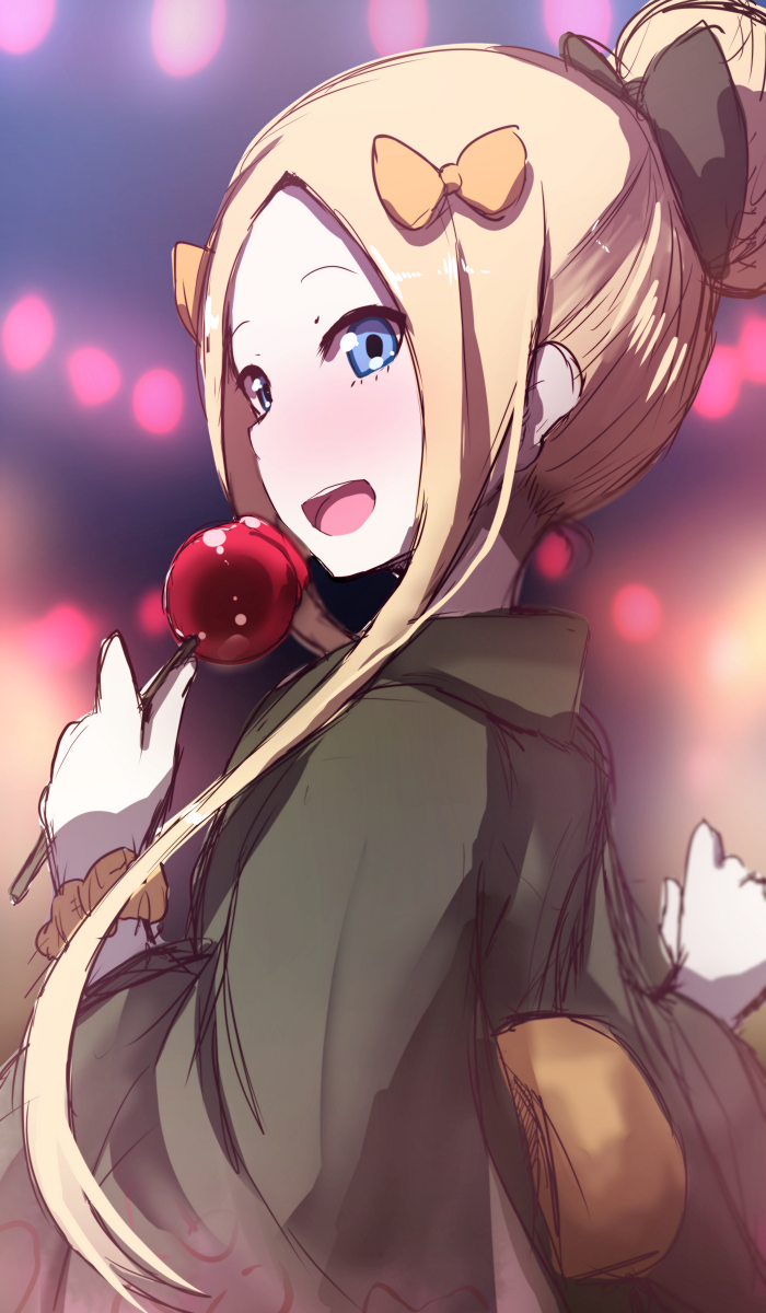 1girl :d abigail_williams_(fate/grand_order) alternate_hairstyle black_bow black_kimono blonde_hair blue_eyes blush bow candy_apple fate/grand_order fate_(series) food hair_bow hair_bun hair_up highres holding holding_food japanese_clothes kimono long_sleeves looking_at_viewer looking_back open_mouth orange_bow orange_scrunchie scrunchie sketch smile solo upper_teeth wada_kazu wide_sleeves wrist_scrunchie