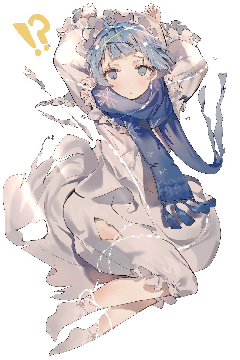 !? 1girl ahoge alternate_costume arms_up bangs blue_hair blue_scarf blush christmas damaged dress floating floating_hair girls_frontline hair_ornament hairclip hat highres looking_at_viewer no_shoes parted_lips scarf simple_background snowflake_print socks tassel tearing_up torn_clothes white_background white_dress white_legwear yuuko_(030_yuko) zas_m21_(girls_frontline)