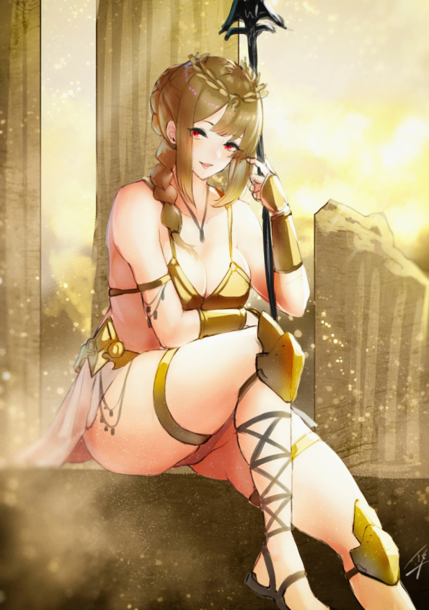 1girl bracer braid breasts brown_hair cleavage column day hand_up hayabusa holding holding_spear holding_weapon jewelry knee_pads long_hair looking_at_viewer medium_breasts necklace original outdoors pillar polearm red_eyes sitting solo spear thigh_strap weapon