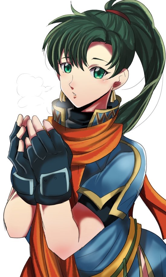 1girl fingerless_gloves fire_emblem fire_emblem:_rekka_no_ken gloves green_eyes green_hair looking_at_viewer lyndis_(fire_emblem) ponytail rem_sora410 simple_background solo white_background