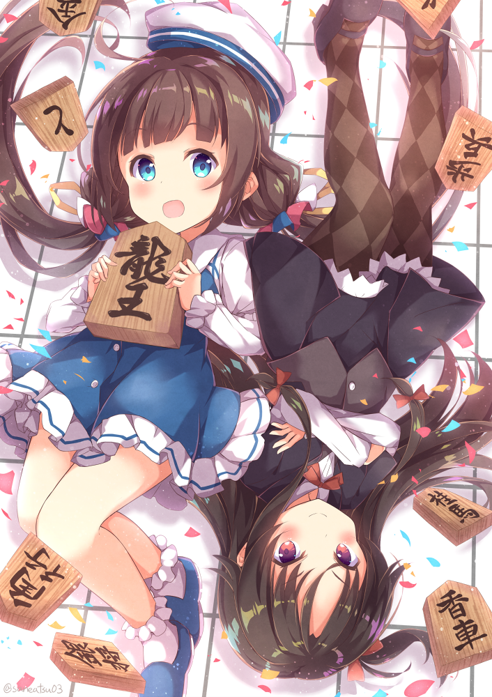 2girls :d ahoge argyle argyle_legwear bangs beret black_footwear black_jacket black_skirt blue_dress blue_eyes blue_footwear blush board_game bobby_socks bow brown_bow brown_eyes brown_hair brown_legwear brown_vest commentary_request crossed_arms dress hair_bow hat hinatsuru_ai holding jacket long_hair long_sleeves looking_at_viewer low_twintails lying mary_janes multiple_girls niwasane_(saneatsu03) on_back open_mouth oversized_object pantyhose pleated_skirt puffy_short_sleeves puffy_sleeves ryuuou_no_oshigoto! school_uniform shirt shoes short_over_long_sleeves short_sleeves shougi skirt smile socks twintails very_long_hair vest white_hat white_legwear white_shirt yashajin_ai