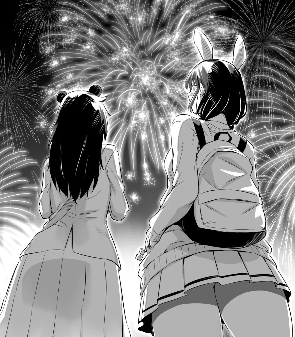 animal_ears backpack bag blush cardigan fake_animal_ears fireworks image_sample kuroki_tomoko tamura_yuri twitter_sample watashi_ga_motenai_no_wa_dou_kangaetemo_omaera_ga_warui!