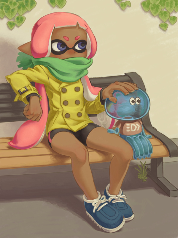1girl bangs belt belt_buckle bench bike_shorts black_shorts blue_footwear blunt_bangs breasts buckle buttons coat dark_skin domino_mask double-breasted eyebrows full_body grass green_scarf hand_on_another's_head hand_on_another's_leg inkling jellyfish_(splatoon) knees_apart_feet_together leaf long_hair long_sleeves looking_away mask natto_soup pink_hair pointy_ears scarf shoelaces shoes shorts sitting small_breasts sneakers splatoon splatoon_1 tentacle_hair violet_eyes yellow_belt yellow_coat