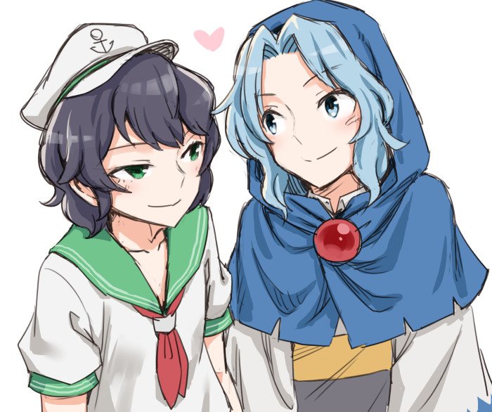 2girls anchor_symbol black_hair blue_eyes blue_hair blush brooch green_eyes hat heart jewelry kesa kumoi_ichirin looking_at_another meimaru_inuchiyo multiple_girls murasa_minamitsu sailor_hat short_hair smile touhou upper_body yuri