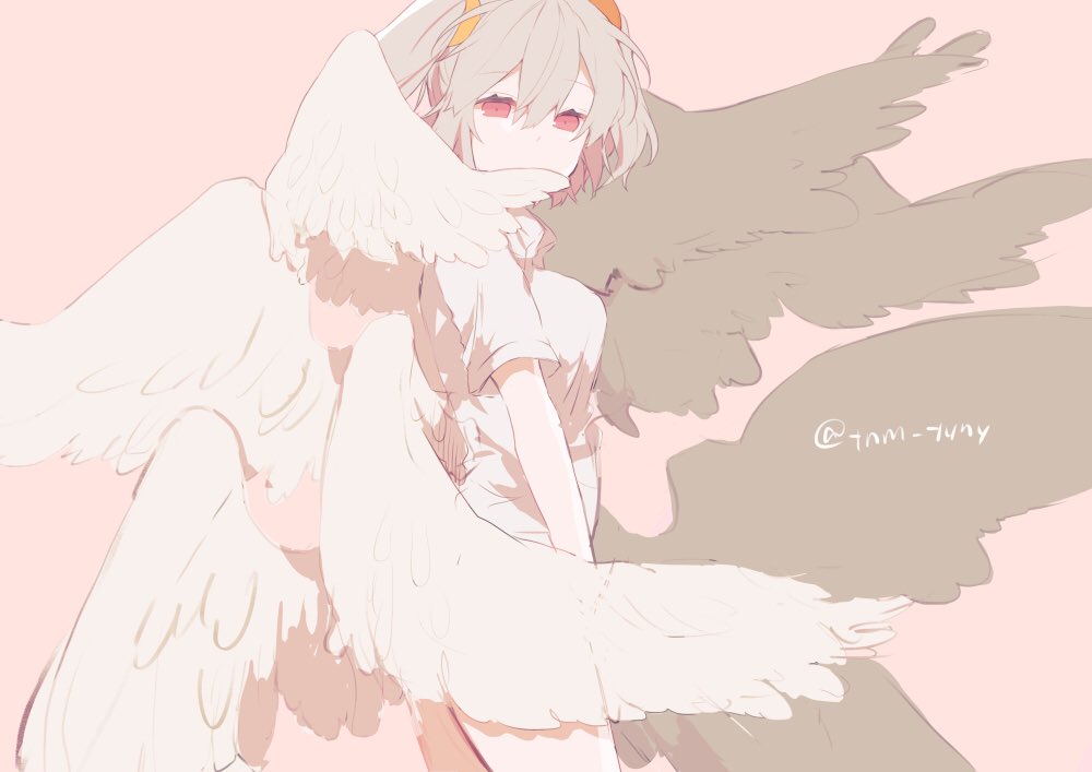 1girl angel_chromosome_xx angel_wings commentary_request from_side grey_hair ikeuchi_tanuma looking_at_viewer looking_to_the_side multiple_wings nagisa_kaworu neon_genesis_evangelion pink_background red_eyes seraph shirt short_hair short_sleeves simple_background solo standing tabris tabris-xx twitter_username two_side_up white_shirt wings