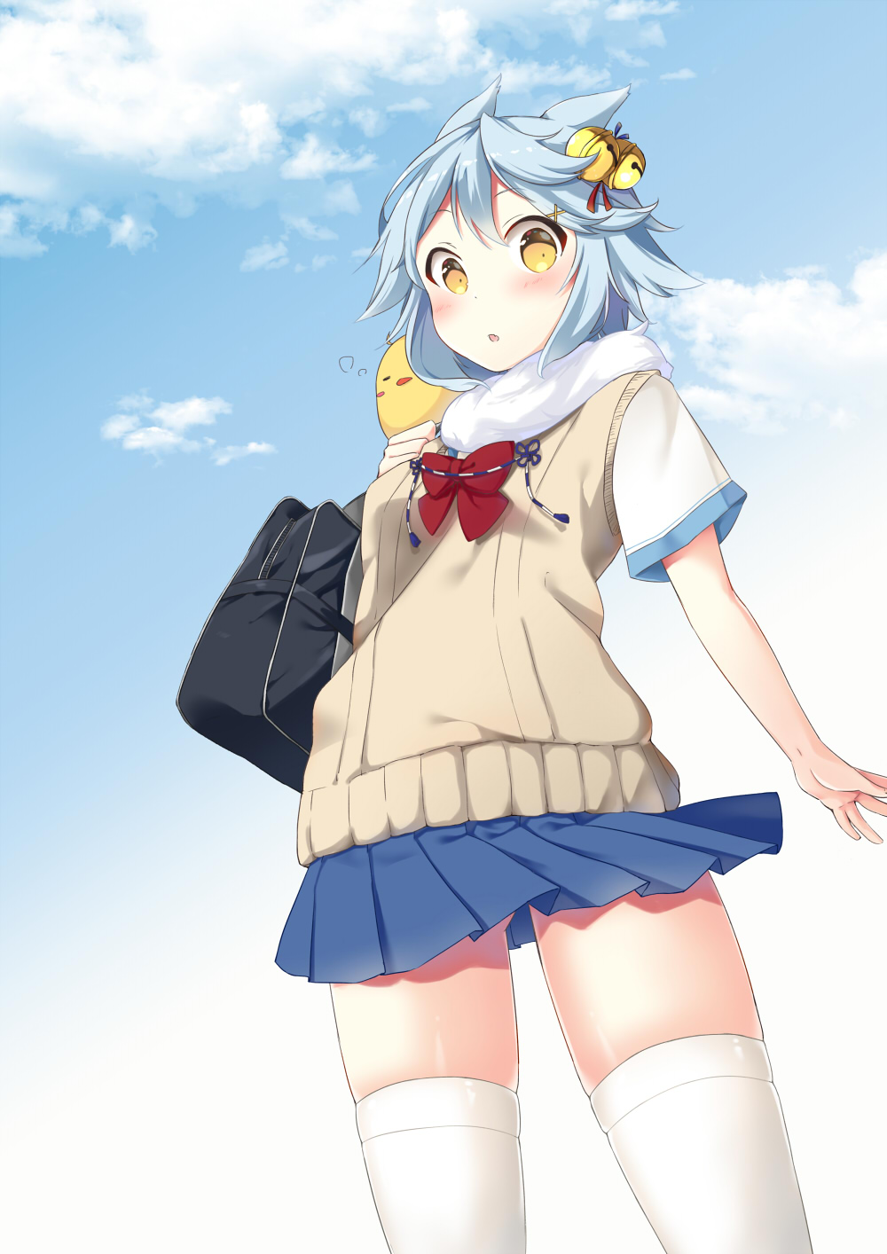 1girl animal animal_ears animal_on_shoulder azur_lane bag beige_sweater bell bird blue_hair blue_skirt blue_sky bow chick chick_on_shoulder clouds commentary_request cowboy_shot day fox_ears fubuki_(azur_lane) hair_bell hair_ornament highres jingle_bell looking_at_viewer pleated_skirt red_bow scarf school_bag school_uniform shiruko27anko short_hair skirt sky solo standing sweater_vest thigh-highs white_legwear white_scarf yellow_eyes