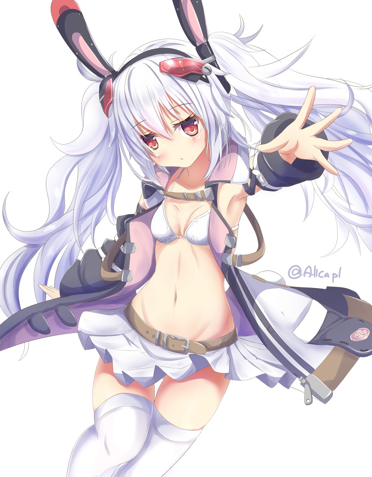 1girl animal_ears armpits aruka_(alka_p1) azur_lane belt bra breasts collarbone fake_animal_ears hair_ornament highres jacket laffey_(azur_lane) long_hair looking_at_viewer navel red_eyes remodel_(azur_lane) silver_hair small_breasts solo thigh-highs twintails twitter_username underwear white_background